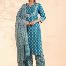Vbuyz Floral Printed Regular Sequinned Pure Cotton Kurta With Palazzos & Dupatta image 1