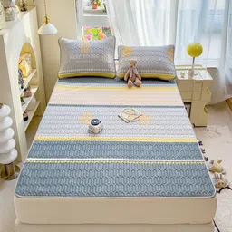 JC HOME Blue & Grey Striped Printed 160 TC Queen Bedsheet with 2 Pillow Covers-2
