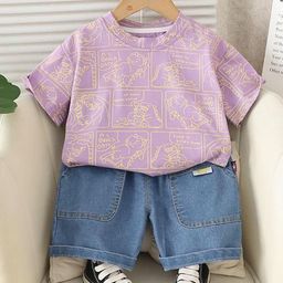 POP STREET KIDS Boys Dinosaur Printed Round Neck T-Shirt With Shorts-image-26