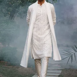 Ankit V Kapoor Geometric Embroidered Silk Georgette Straight Kurta with Churidar & Dupatta-image-25