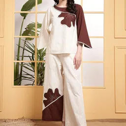 DEEBACO Embroidered Pure Cotton Top With Trousers Co-Ords-image-47