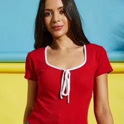AAHWAN Tie-Up Neck Cropped Regular Fitted Top-image-52