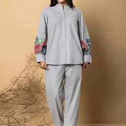 Readiprint Fashions Floral Embroidered Mandarin Collar Shirt With Trousers-image-29