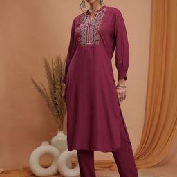 Nayam By Lakshita Women Geometric Yoke Design Thread Work Straight Kurta With Palazzo-1