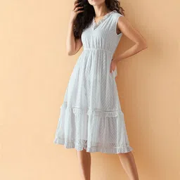 AASK Women's White Self Design Crepe Fit and Flare Calf Length Dress-picture-43