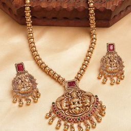 KARATCART Gold Plated Stone Studded Laxmi Mata Engraved Long Temple Necklace and Earrings-15