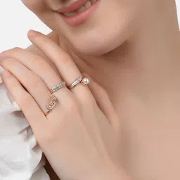 zaveri pearls AMI Set Of 3 Rose Gold-Plated & White CZ-Studded & Beaded Adjustable Finger Rings image 3