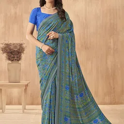 Mitera Floral Poly Crepe Bagru Saree-image-57
