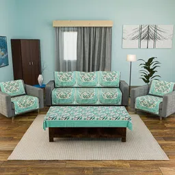 RUBOXA Green & Cream-Coloured Printed Velvet Sofa Cover-20