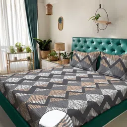 KLOTTHE Grey & Brown Geometric Printed 300 TC Double Bedsheet Set 2.50 m x 2.25 m-24