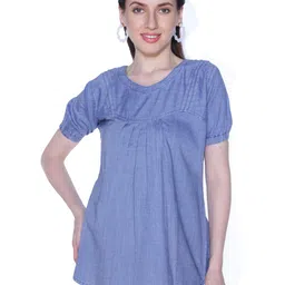 CEFALU Puff Sleeve Denim High-Low Top-picture-17
