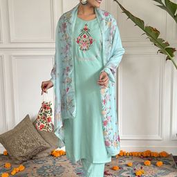 Moda Rapido Floral Embroidered Sequinned Straight Kurta with Trousers & Dupatta-image-0