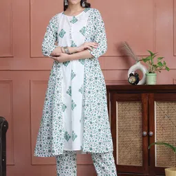 SOUNDARYA Women Ethnic Motifs Printed Panelled Pure Cotton Kurta with Trousers-picture-18