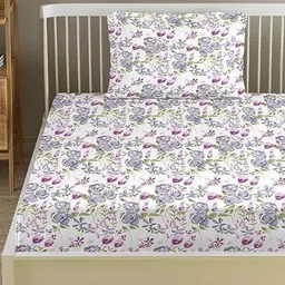 Trance Home Linen Purple & White Floral 180 TC Cotton Single Bedsheet Set 1.52m x 2.54m-14