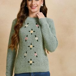 CLAPTON Women Floral Woollen Pullover with Embroidered Detail-image-96