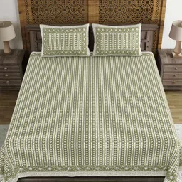 Myntra Elegant Homes Green And White Cotton 210 TC King Bedsheet Set 2.64 m x 2.64 m-image-96
