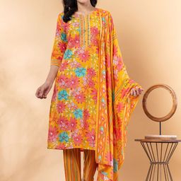 Readiprint Women Floral Printed Regular Aari Work Kurta with Trousers & With Dupatta-3
