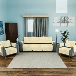 Kuber Industries Cream-Coloured & Blue Printed Cotton Sofa Cover With Arms-54
