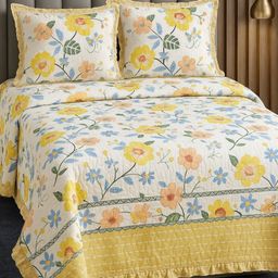 Bedbathandbliss 3-Pcs White & Yellow Printed Cotton Double Queen Bed Cover-image-26
