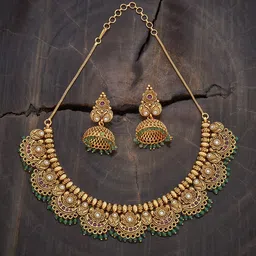 Kushal's Fashion JewelleryCopper Ruby-Green Gold-Plated Antique Necklace-image-75