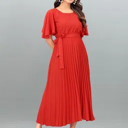 STARWORD Women Solid Accordion Pleats Tie-Ups Crepe Fit & Flare Dress-image-68