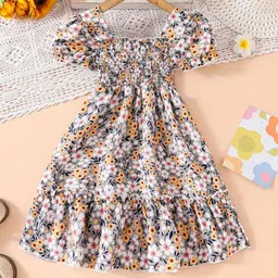 White World Girls Floral Printed Puff Sleeve Fit & Flare Dress-picture-1