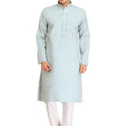 Exotic India Men Regular Pure Cotton Kurta with Pyjamas With Embroidery On Neck-picture-3