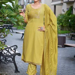 Royal Export Embroidered Yoke Design Straight Kurta with Trousers & Dupatta-picture-1