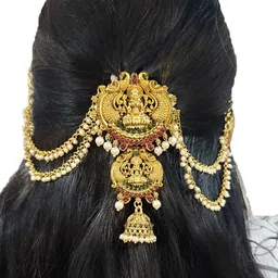 Krelin Women Lakshmi Motif Temple Jada with Side Chains and Kemp Stone Work Hair Accessory-picture-7