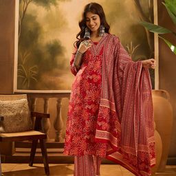 Sangria Floral Printed V-Neck Sequinned Cotton Straight Kurta With Trouser & Dupatta-57