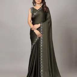 VIRENDRA TEXTILES Embellished Beads and Stones Border Satin Saree with Blouse Piece-picture-14