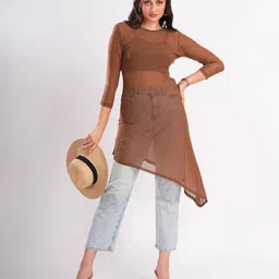 clobug Women Solid Round Neck Longline Asymmetric Hem Top-image-6