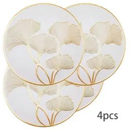 LooMantha Gold-Toned & White 4 Pieces Floral Embroidered Plastic Round Table Placemats-25
