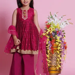 Little Bansi Girls Ethnic Embroidered Chanderi Cotton A-Line Kurta with Palazzo & Dupatta-picture-46