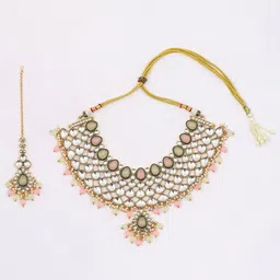 Exotic India Kundan Studded And Beaded Necklace Set with Earrings And Mangtika-image-14