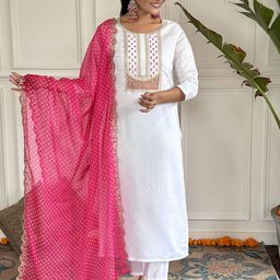 Fashion Care Navlik Floral Embroidered Round Neck Straight Kurta With Trousers & Dupatta-image-55