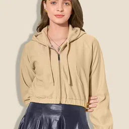 QIOA Women Lightweight Crop Bomber with Embroidered Hooded Jacket-32