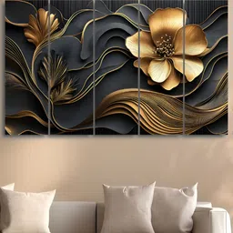 RANDOM Black & Gold-Toned 5 Piece Synthetic Wood Floral and Botanical Wall Paintings-3