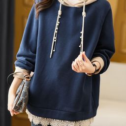 HERE&NOW Women Navy Blue Hooded Long Sleeves Lace Detail Cotton Pullover-picture-8