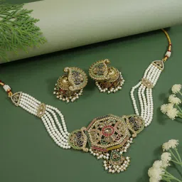 I Jewels Gold-Plated Kundan-Studded & Pearls Beaded Jewellery Set-image-12