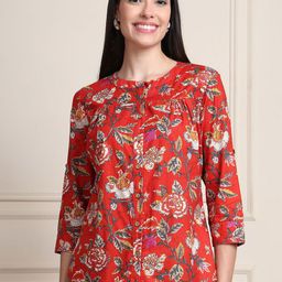 Moda Rapido Floral Printed Mandarin Collar Organic Cotton Top-image-69