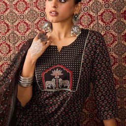 Indo Era Floral Printed Pure Cotton Straight Kurta Trousers With Dupatta-picture-29