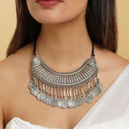 TEEJH Chamak Silver-Plated Oxidised Necklace-image-5