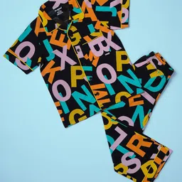 BE AWARA Kids Letter Graphic Printed Pure Cotton Half Sleeves Nightwear Pajama Set-image-40