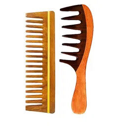 RUFIYS Set Of 2 Neem Wide Tooth Wooden Comb For Hair Growth & Dandruff Brown-7