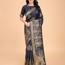 RICH & ROMAN Woven Design Zari Pure Silk Banarasi Saree-image-25