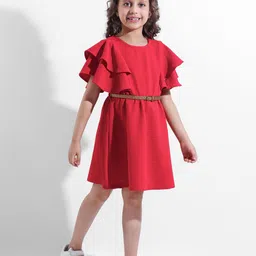 Hola Bonita Girls Flared Sleeves Textured Fit & Flare Dress With Belted-image-28