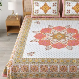 MAFATLAL Sanskriti White & Brown Printed Cotton 144 TC King Bedsheet Set 1.82 m x 1.10 m-image-91