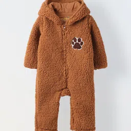 SPUNKIES Infant Brown Sherpa Bear Romper With Ear-image-2