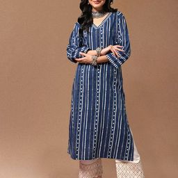Varanga Striped Printed V-Neck Cotton Straight Kurta-image-82